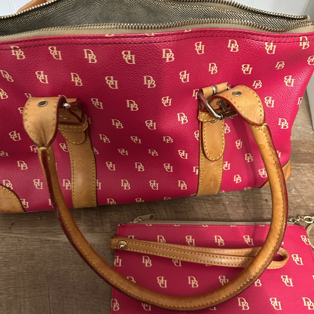 Dooney & Bourke Bright Pink Logo Tote with Tan Leather Trim